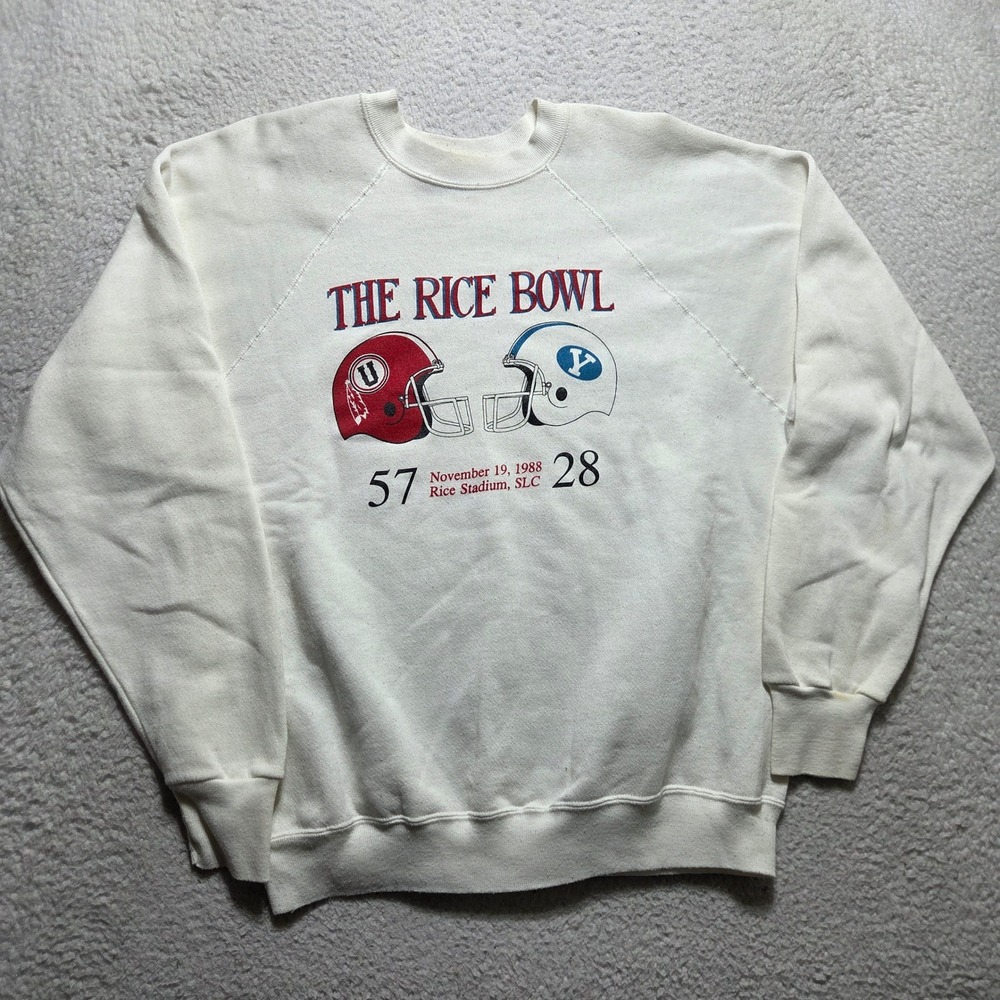 Vintage 80s Tultex Sweatshirt Mens Large White The Rice Bowl BYU vs Utah 1988